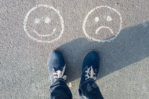 Preview: Happy Smileys or Unhappy, text on asphalt road