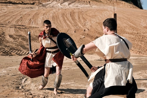Vista previa: A Concept Photo Of A Roman Battle Of Two Warriors Of The Colosseum In Action With Aggressive