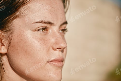 Preview: Focus, mindset and woman face thinking of fitness strategy, workout or cardio journey outdoor. Visi