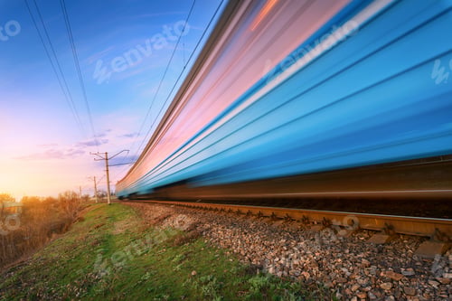 Preview: High speed blue passenger train in motion