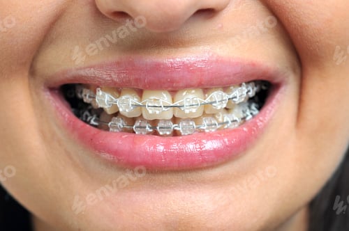 Preview: Close-up of ceramic and metallic braces on teeth. Orthodontic Treatment. Dental Care Concept