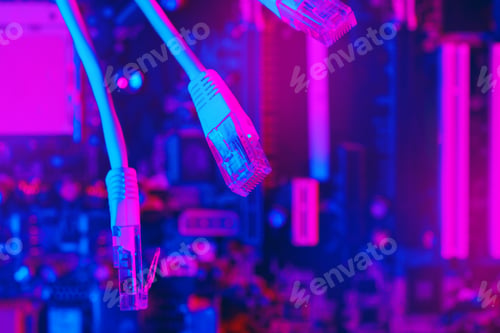 Preview: Modern technology network cable in neon light.