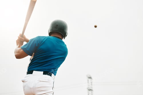 Preview: Baseball player, bat and homerun with sky and baseball for sports, game or contest outdoor in summe