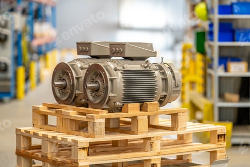 Preview: new electric motors ready for export in the factory on pallets