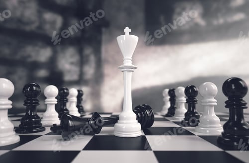 Preview: King chess piece standing among pawns on chessboard. Leadership concept. 3d rendering