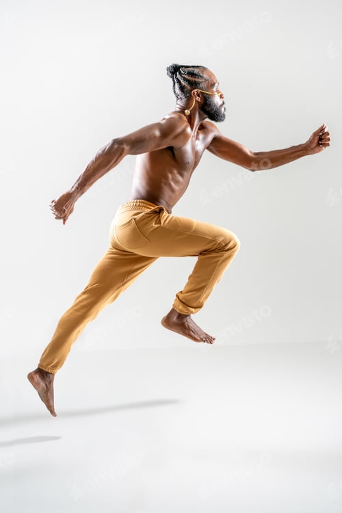 Preview: Shirtless black gay man running on white background