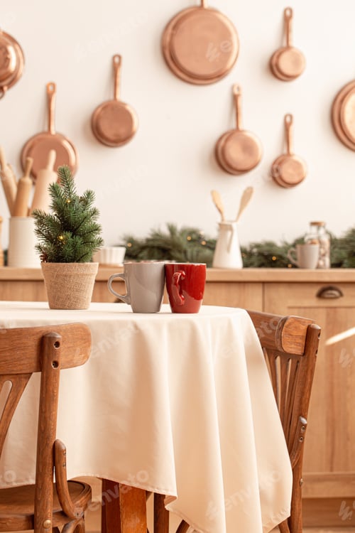Preview: Two tea cups on Christmas table copy space