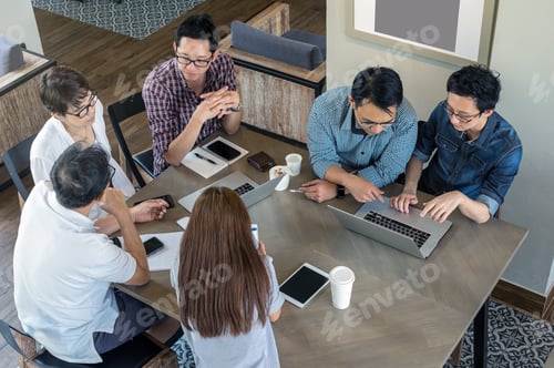 Preview: Top view Group of Asian Business People with casual suit are working in the modern Office