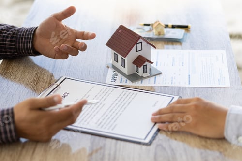 Preview: Real estate agents discussing terms signing contracts, legal agreements, land purchases, mortgages.