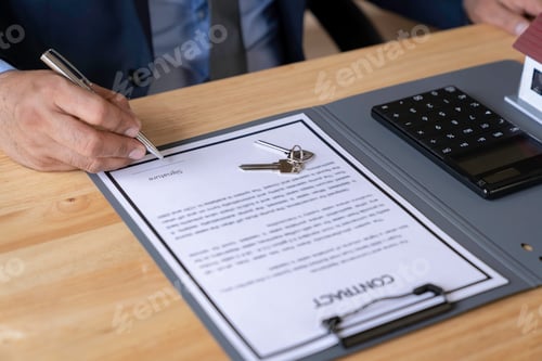 Preview: Man signing a contract when buying a new house Purchase agreement for ours with model home, Man sign