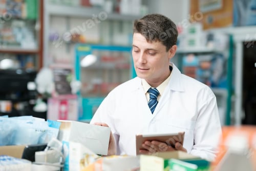Preview: Male pharmacist checking stock inventory in pharmacy.