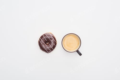 Preview: top view of tasty glazed chocolate doughnut and cup of coffee on white background