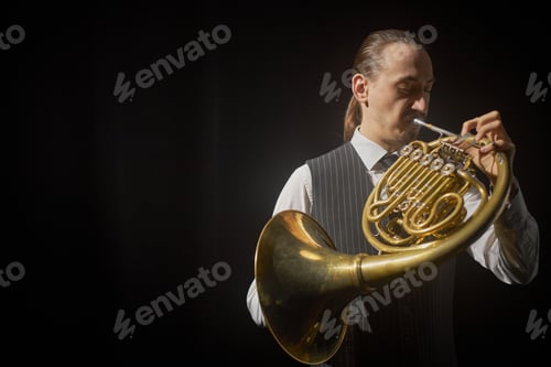 Preview: Male French Horn Player Performing Music on Wind Instrument in Spotlight on Stage