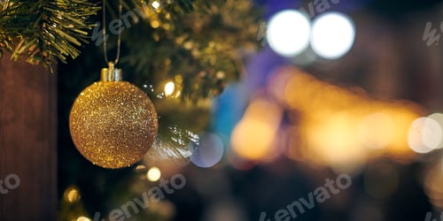Preview: Christmas tree decorations covered snow, outdoor xmas tree with decorative yellow bulbs