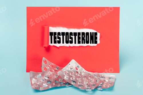 Preview: Paper with testosterone lettering and empty blisters of pills on blue background