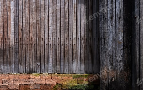 Preview: Old wood fence over concrete stone,Grain Brown wooden plank wall texture background