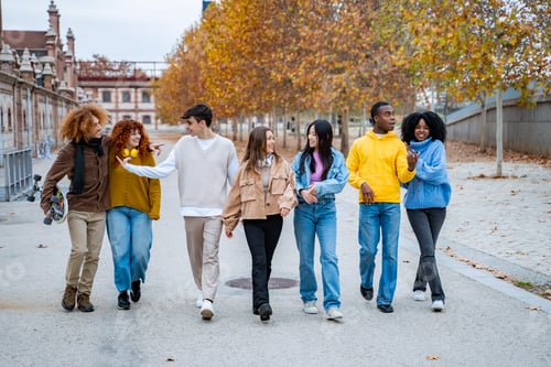 Preview: Multiethnic friends walking together outdoors.
