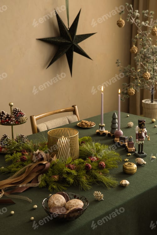 Preview: Creative composition of christmas living room interior with gifts and accessories. Home decor