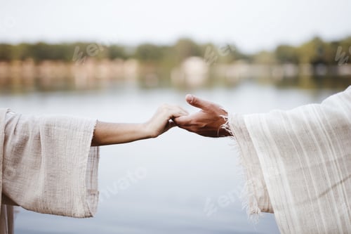 Preview: Biblical scene - of a female grabbing the hand of Jesus Christ with a blurred background