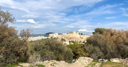 Preview: Athens, Greece. Parthenon and Propylaea, Acropolis hill and Herodeion. View from Philopappos hill