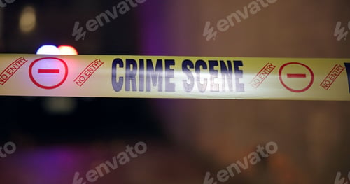 Preview: Police, quarantine and yellow tape for crime scene, investigation or barricade in night for warning