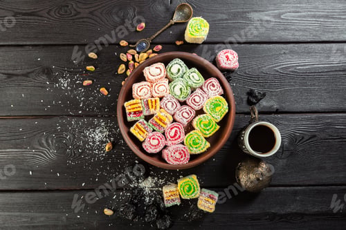 Preview: Turkish delight on a wooden table.