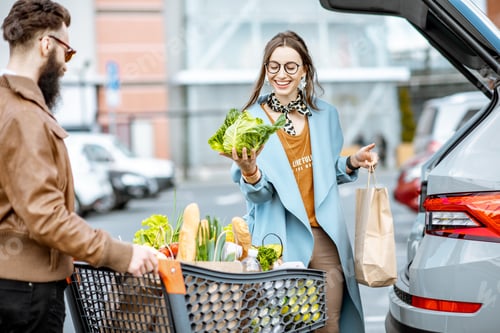 Preview: Man and woman with fresh food on the supermarket parking