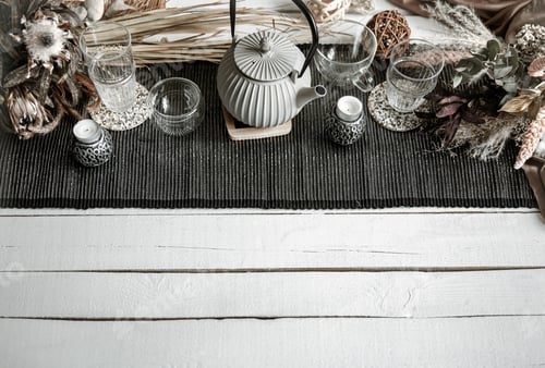 Preview: Hygge style tea table setting top view.