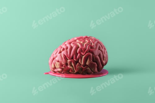 Preview: Human brain melting with dripping pink paint on pastel turquoise background