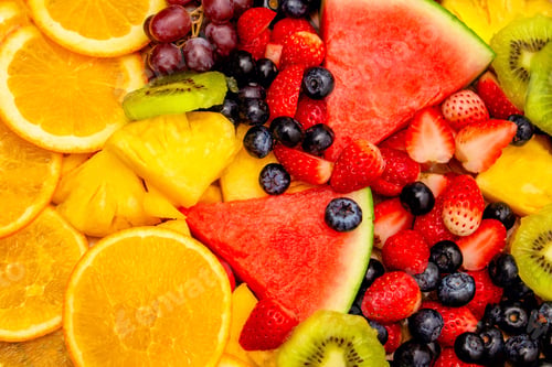 Preview: Fresh fruits background, Healthy mix fruits consist of tropical fruit and assorted berry.