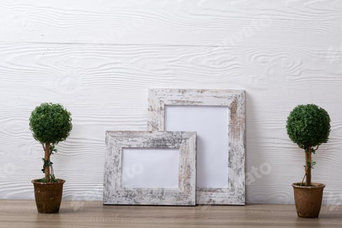 Preview: Composition of white cards in frames with copy space and decorations on white background