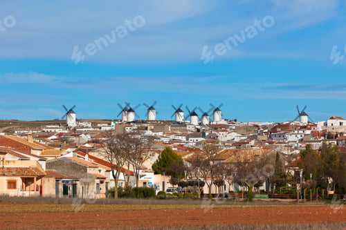 Preview: Old Spanish windmills view, Campo de Criptana