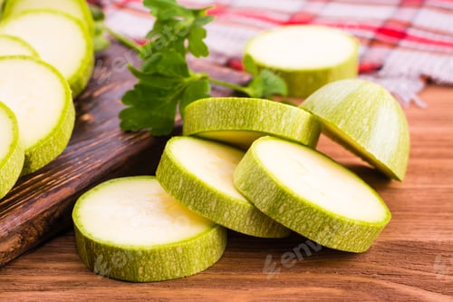 Preview: Pieces of zucchini on a wooden table