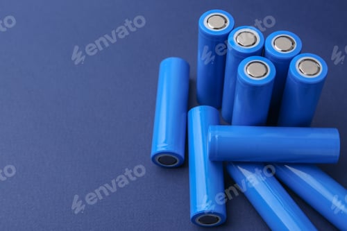 Preview: Many AA cell batteries on blue background, closeup. Space for text