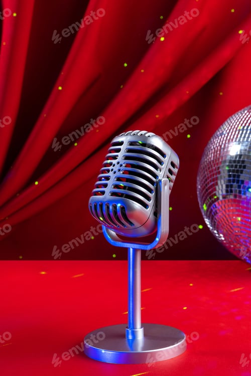 Preview: Retro microphone close-up with neon lights against the background of a red curtain.