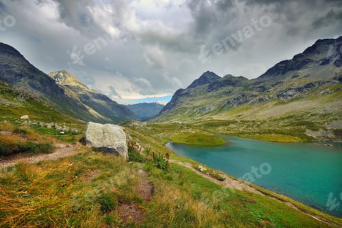 Preview: Beautiful view of the emerald alpine lake. Dramatic and pictures