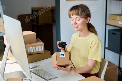 Preview: Young smiling woman scanning packed box with scanner while checking qr code