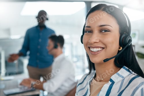 Preview: Black woman, portrait and call center worker with a smile on a crm sale call in a office. Networkin