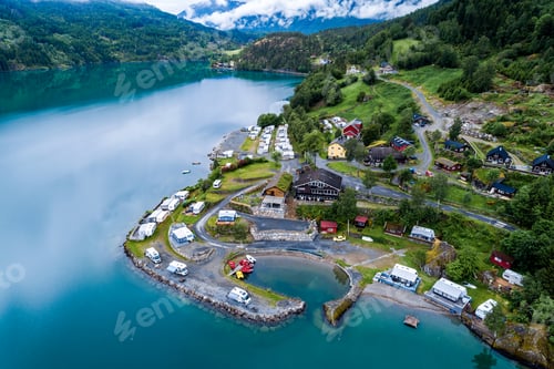 Preview: Beautiful Nature Norway Aerial view of the campsite to relax.