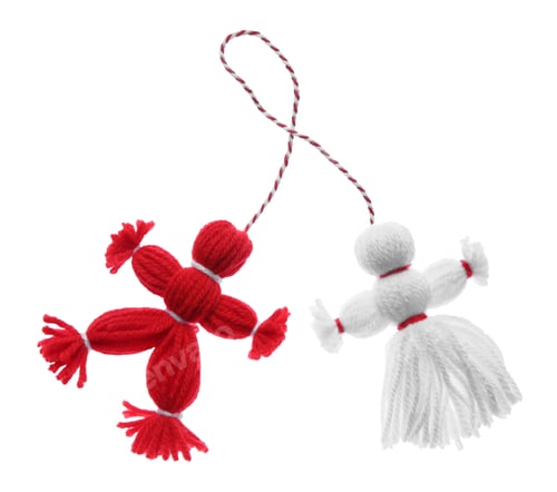 Preview: Traditional martisor shaped as man and woman on white background. Beginning of spring celebration