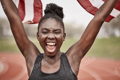 Preview: Shot of a young female athlete celebrating her win while running with a flag