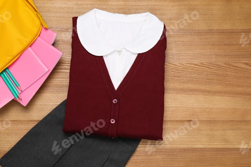 Preview: School uniform for girl and stationery on wooden background
