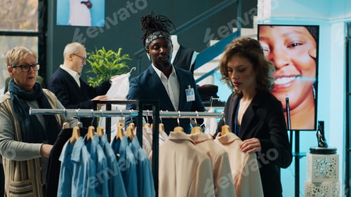 Preview: Employees team presenting variety of clothes to senior client