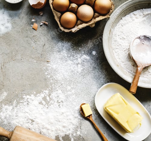 Preview: Flatlay of preparation pastry homemade recipe for bake