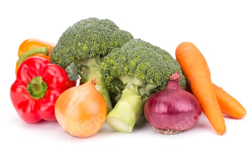 Preview: Fresh vegetables: brocolli, bell peppers, carrot, onion isolated on white background