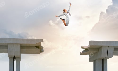 Preview: Young Woman Jumping Over A Gap In The Bridge As A Symbol Of Risk