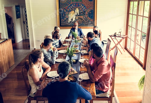 Preview: Group of diverse friends are having a dinner together