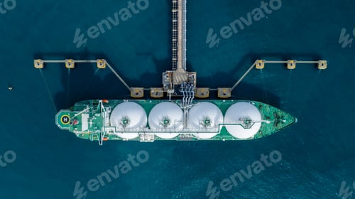 Preview: LNG (Liquified Natural Gas) tanker anchored in Gas terminal gas tanks for storage. Oil Crude Gas
