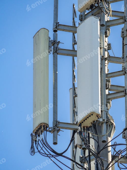 Preview: Sector antennas and microwave radio relay link equipment are installed on a telecommunication tower,