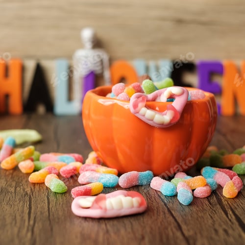 Preview: Happy Halloween day with ghost candies, pumpkin bowl, decorative. Trick or Threat, Hello October